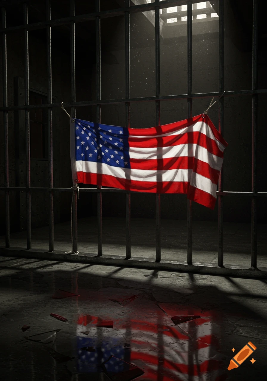 Photorealistic image of an American flag hanging on the bars of a dark prison cell, reflecting on a wet, broken floor.