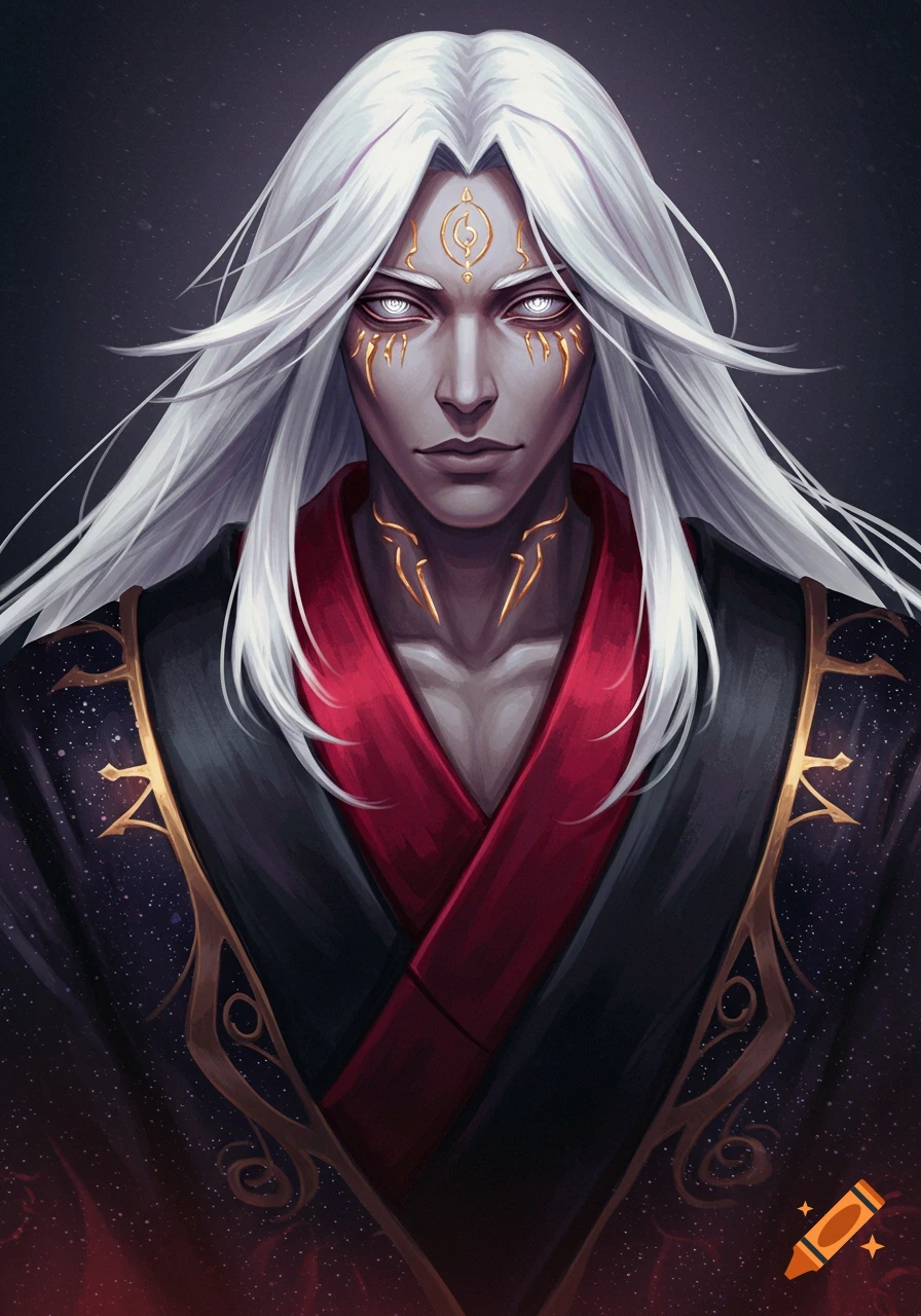 A fantasy character with long white hair, pale skin, glowing white eyes, and golden markings on their face and neck, wearing a black and red cosmic-patterned robe.