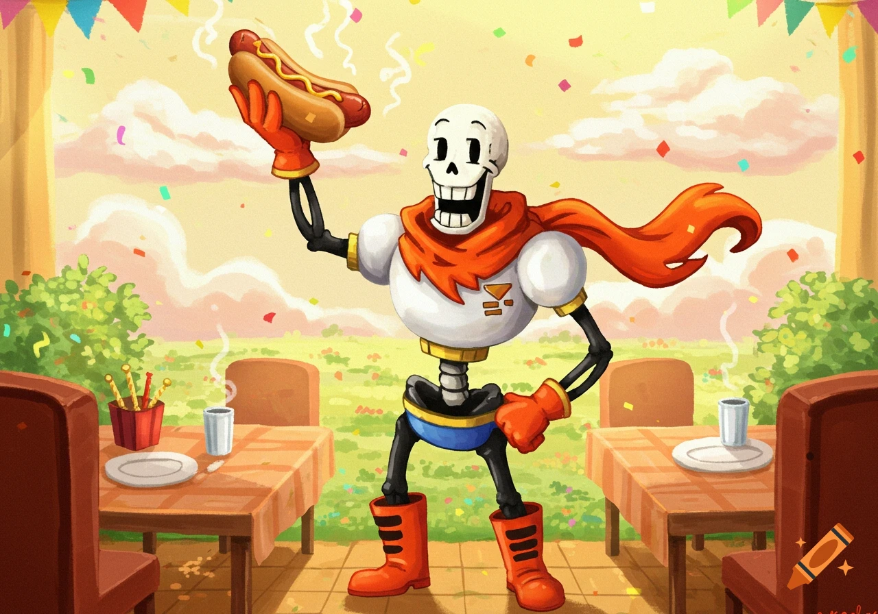 Cartoon skeleton character Papyrus from Undertale holds a hotdog and smiles in a festive outdoor scene with confetti.