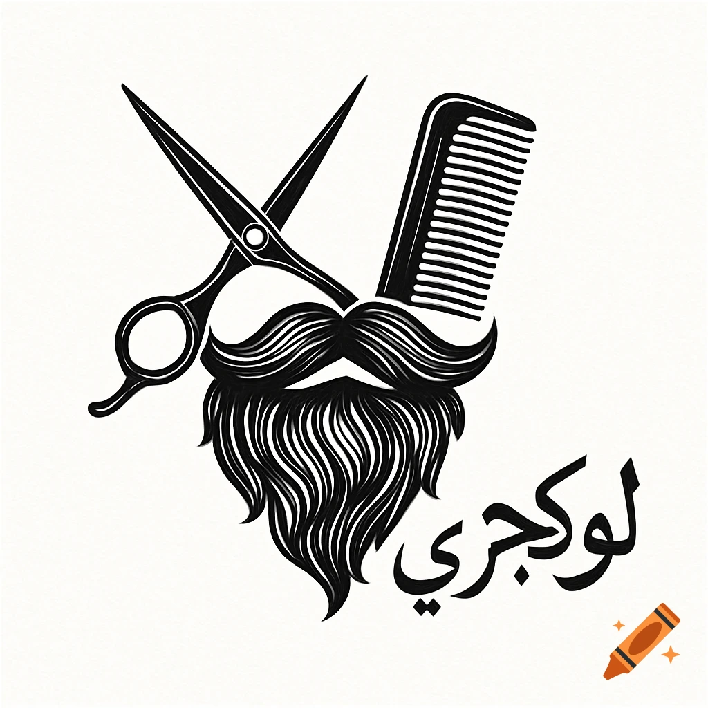 Black and white barber shop logo with crossed scissors, a comb, a stylized beard and mustache, and the word 'luxury' in Arabic script.
