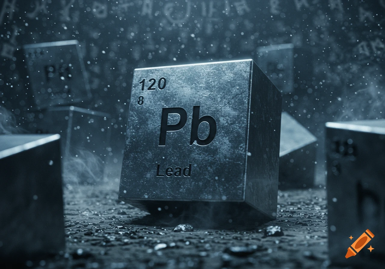 A metallic cube displaying 'Pb' and 'Lead', with numbers '120' and '8', in a dark, atmospheric setting with other cubes and falling particles.