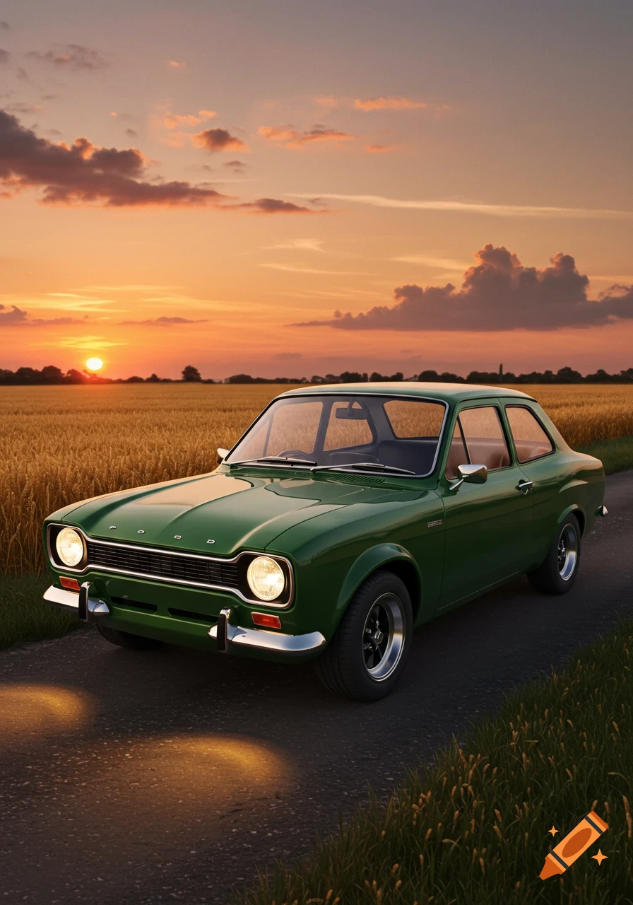 A vibrant green classic Ford Escort Mk1 car on a rural road, illuminated by its headlights, with a golden wheat field and sunset sky.