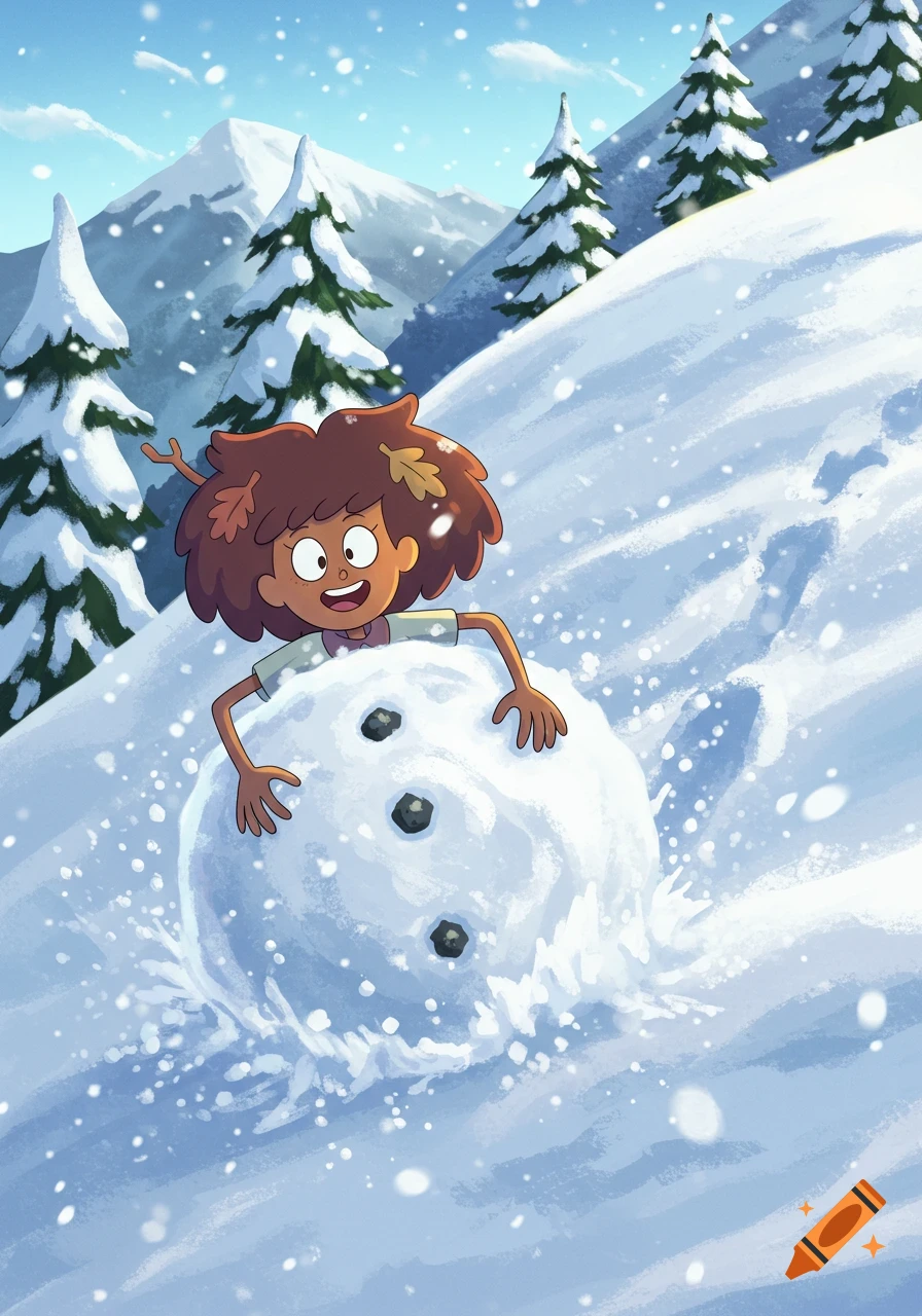 Anne Boonchuy, a cartoon character with brown curly hair, smiles happily as she emerges from a giant snowball in a snowy mountain landscape with pine trees.