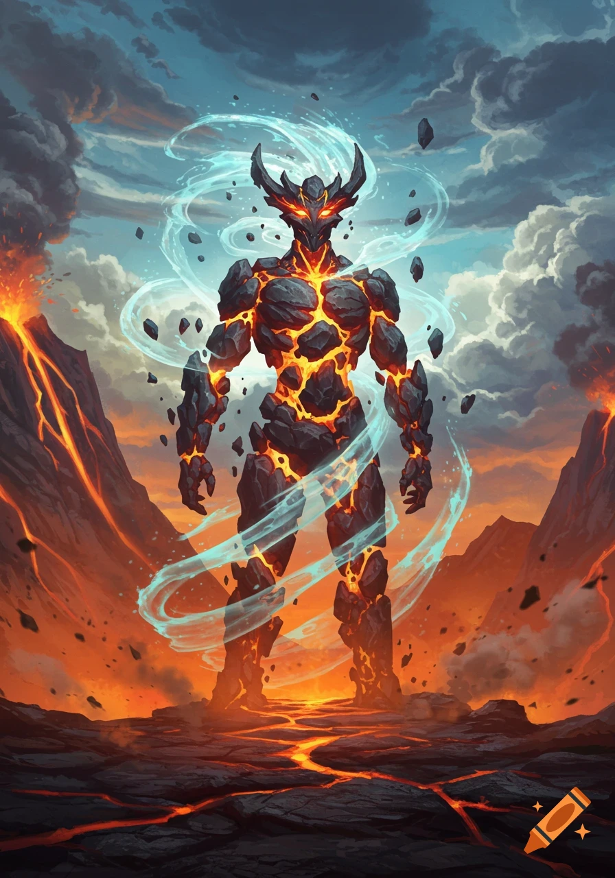 A powerful lava and rock golem creature with horns and glowing cracks stands in a fiery volcanic landscape with swirling blue wind.