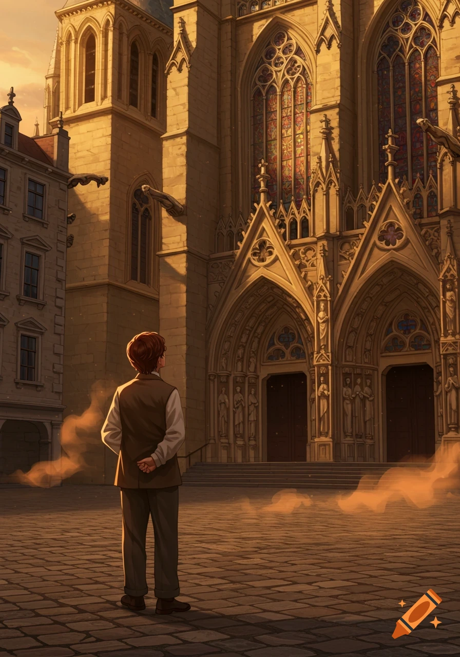 A person stands with their back to the viewer, gazing at a majestic gothic cathedral with stained glass windows at sunset.