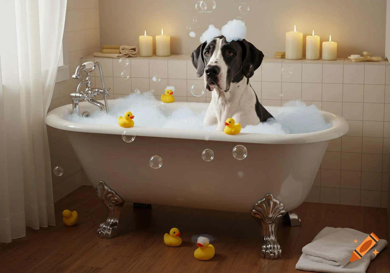 A black and white Great Dane takes a bubble bath in a clawfoot tub with rubber duckies and lit candles in a warm bathroom.