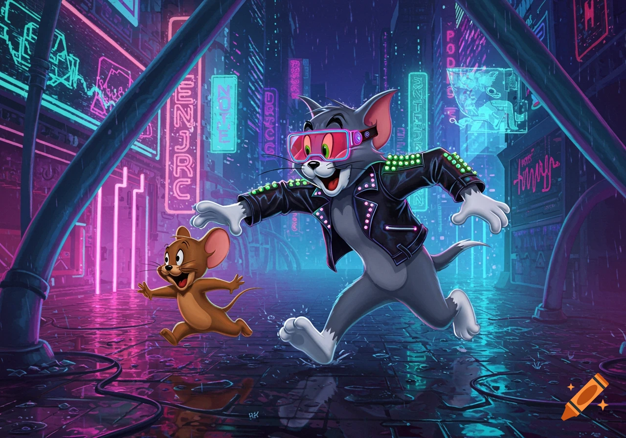 Tom and Jerry run through a neon-lit cyberpunk city. Tom wears a studded leather jacket and VR goggles, Jerry runs happily beside him.