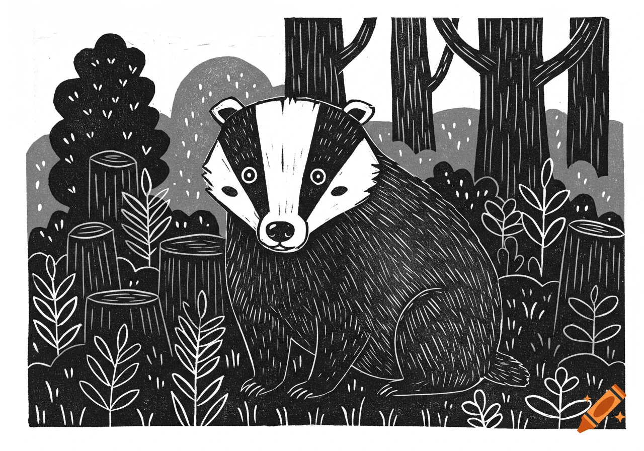 A black and white cartoon badger with distinctive facial stripes sits in a forest clearing in a linocut art style.