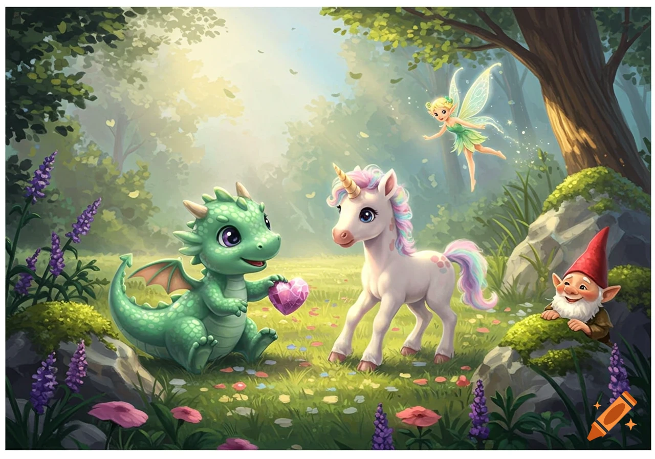 A whimsical illustration of a cute green dragon holding a crystal heart, a white unicorn, a fairy, and a gnome in a magical forest.