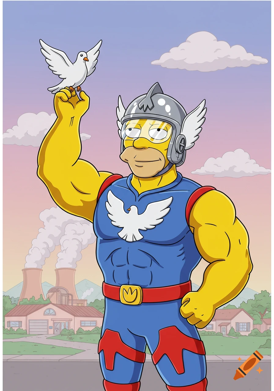Homer Simpson as a muscular superhero in a blue suit and winged helmet, holding a white dove, with the Springfield power plant in the background.