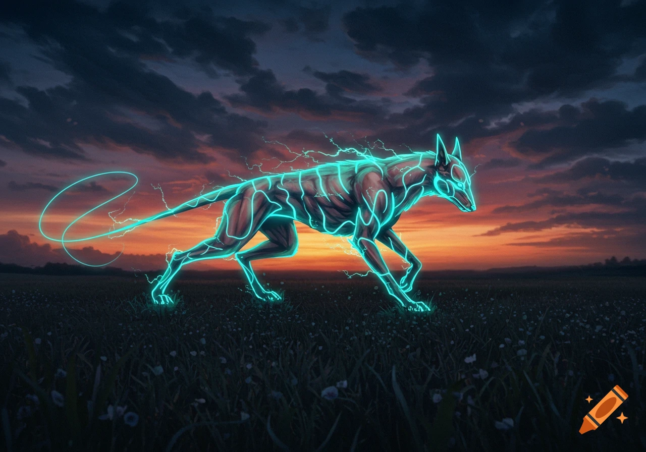A stylized glowing teal energy hound runs through a dark grassy field under a vibrant orange and purple sunset sky. Digital art.