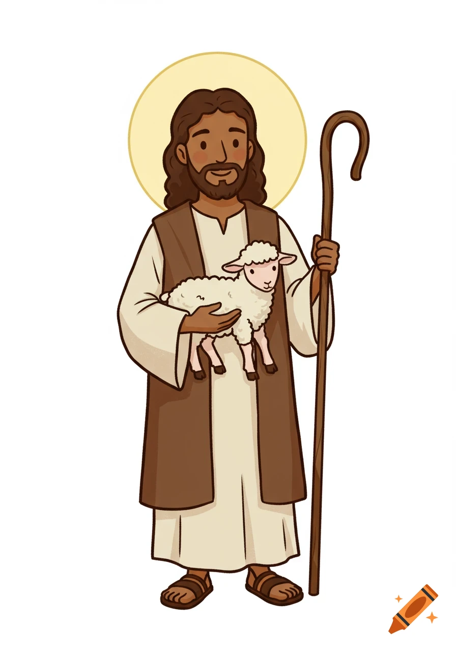 Cartoon illustration of Jesus as the Good Shepherd with brown skin and short hair, holding a lamb and a shepherd's staff.