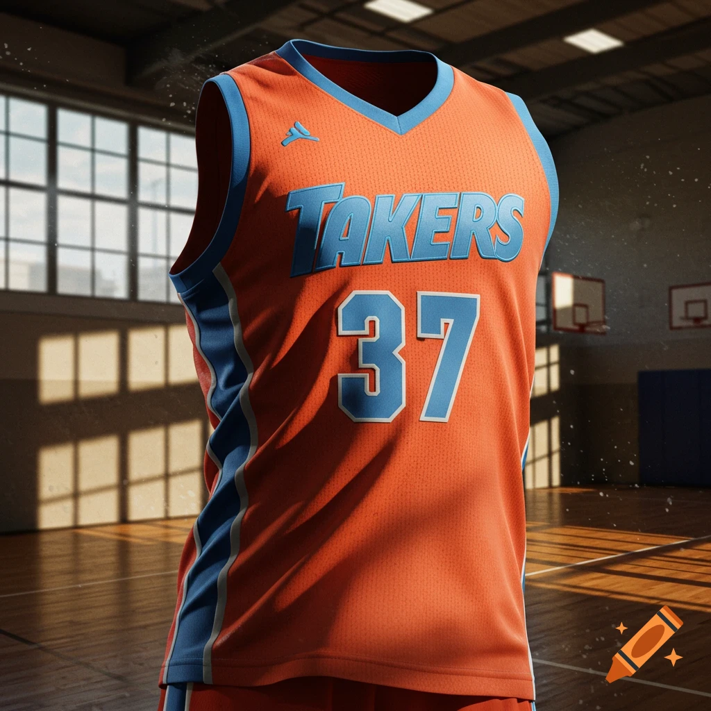 A bright orange and blue basketball jersey with 'TAKERS' and '37' on it, hanging in a gym with sunlight streaming through windows.