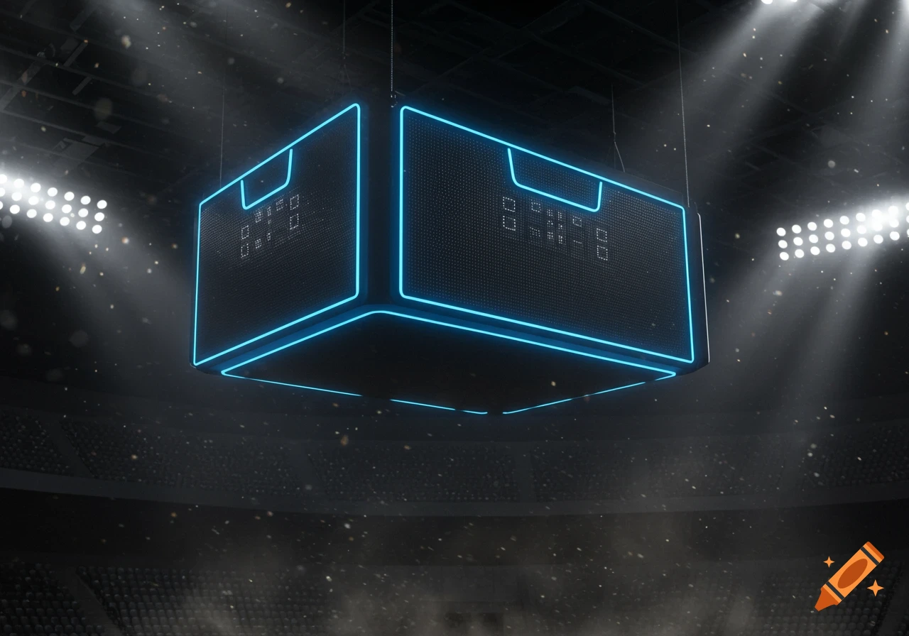 A futuristic scoreboard with glowing blue neon edges displaying digital numbers, suspended in a dark, spotlight-filled stadium.