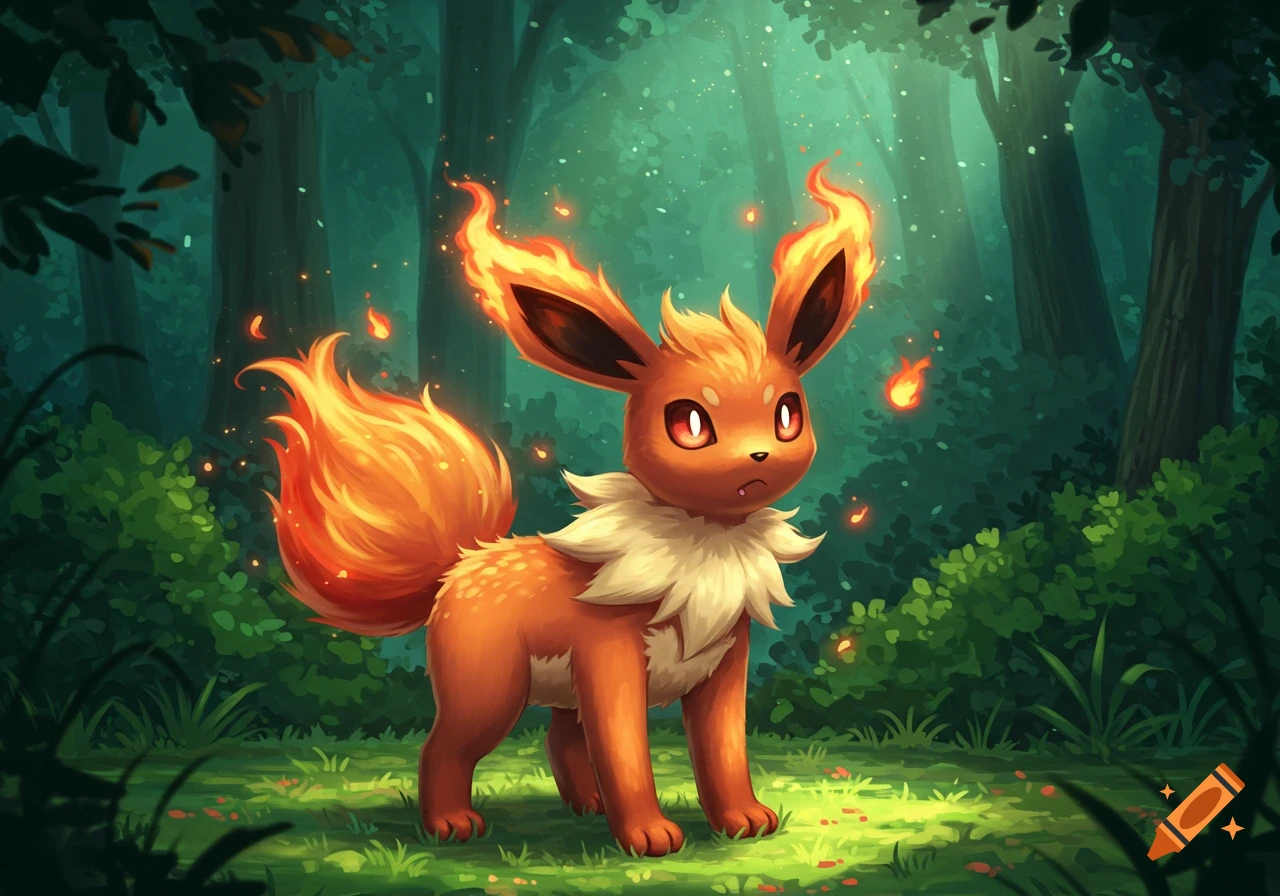 A cute, fiery Flareon Pokémon with glowing fur stands in a lush, dark green forest.