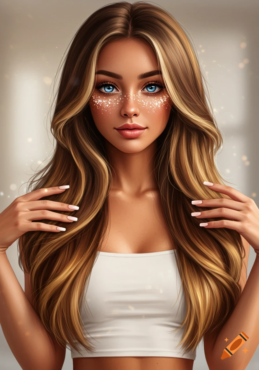Stylized digital portrait of a young woman with long brown and blonde hair, sparkling blue eyes, glitter on her face, wearing a white crop top.