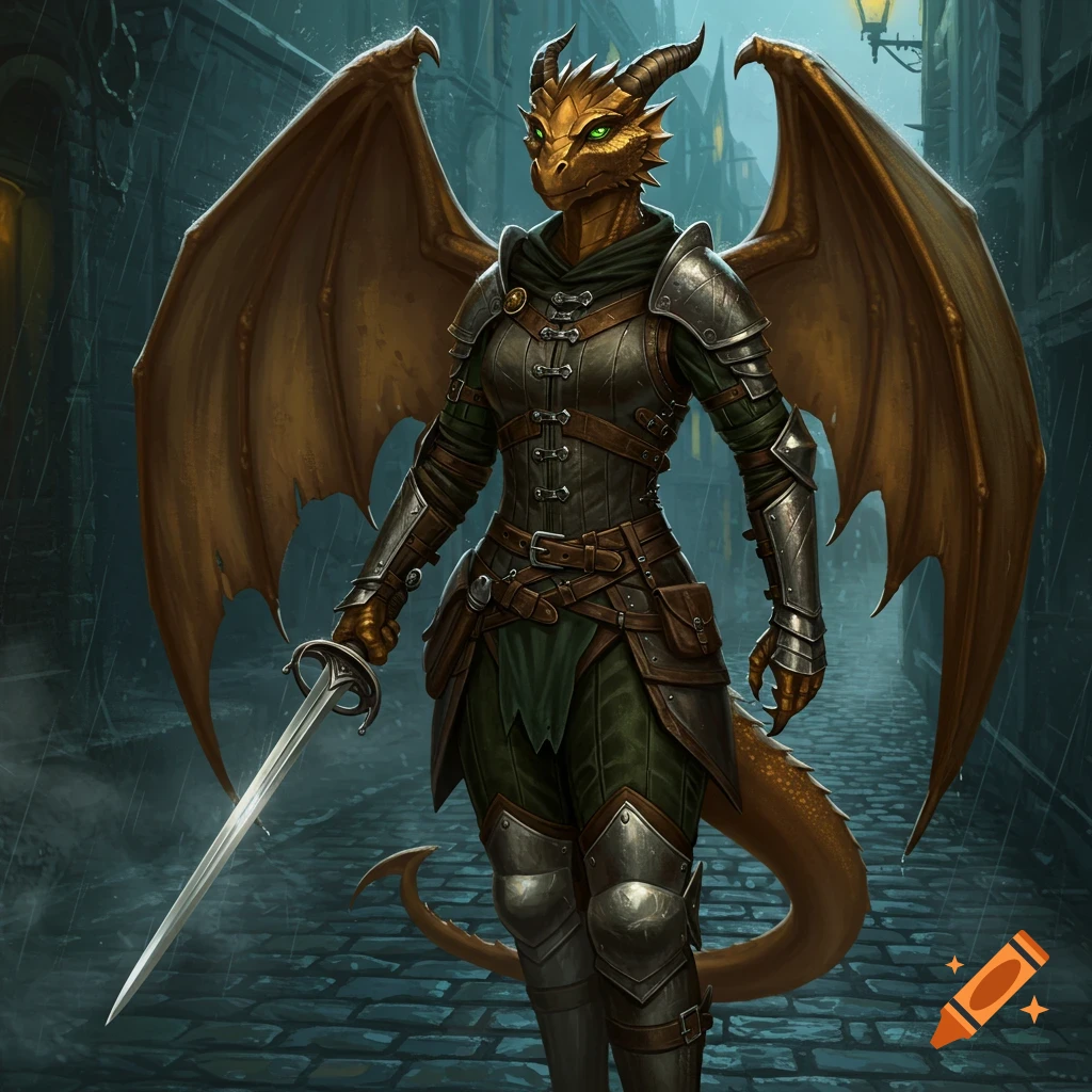 A female bronze dragonborn rogue in dark armor with a rapier stands in a rainy cobblestone alley at night.