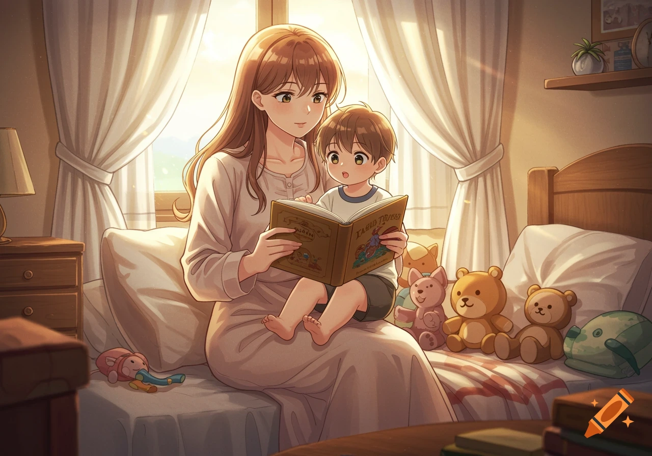 A mother reads a storybook to her child while sitting on a bed in a sunlit room, anime style.