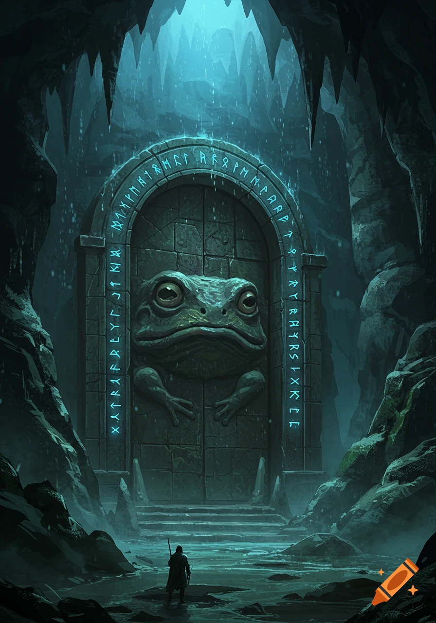 A lone figure approaches a large stone door carved with a frog's face, covered in glowing runes, within a dark, damp, ice-filled cave.