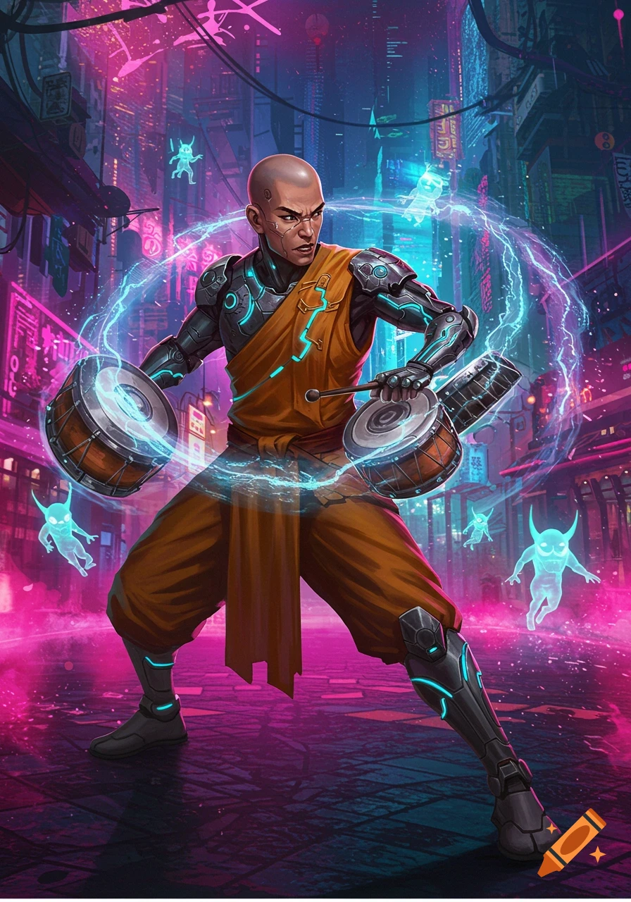 A cyberpunk shaolin monk with glowing drums and cyborg arms stands in a neon city, surrounded by small blue imp-like creatures.
