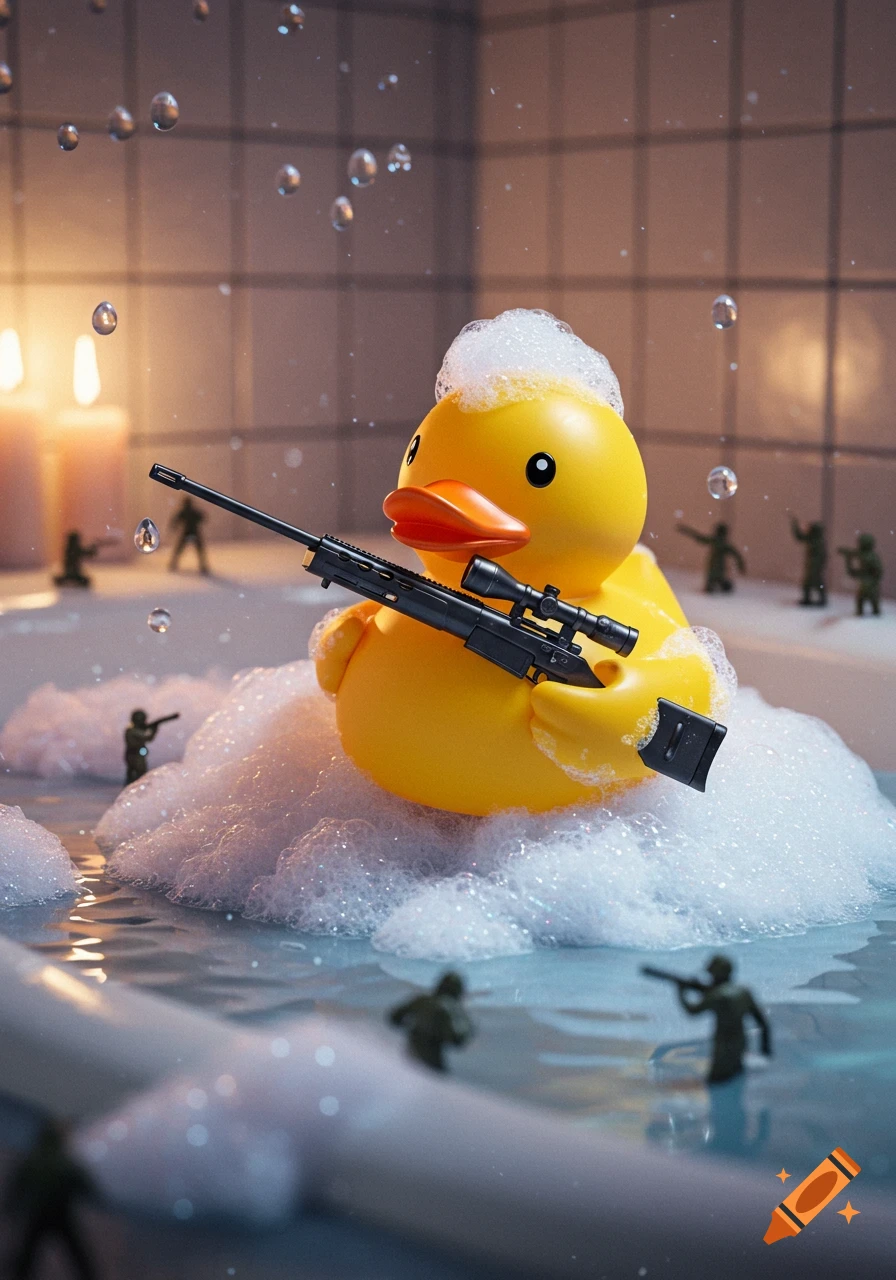 A yellow rubber duck with a sniper rifle in a bubbly bathtub, surrounded by small toy soldiers and glowing candles, photorealistic.