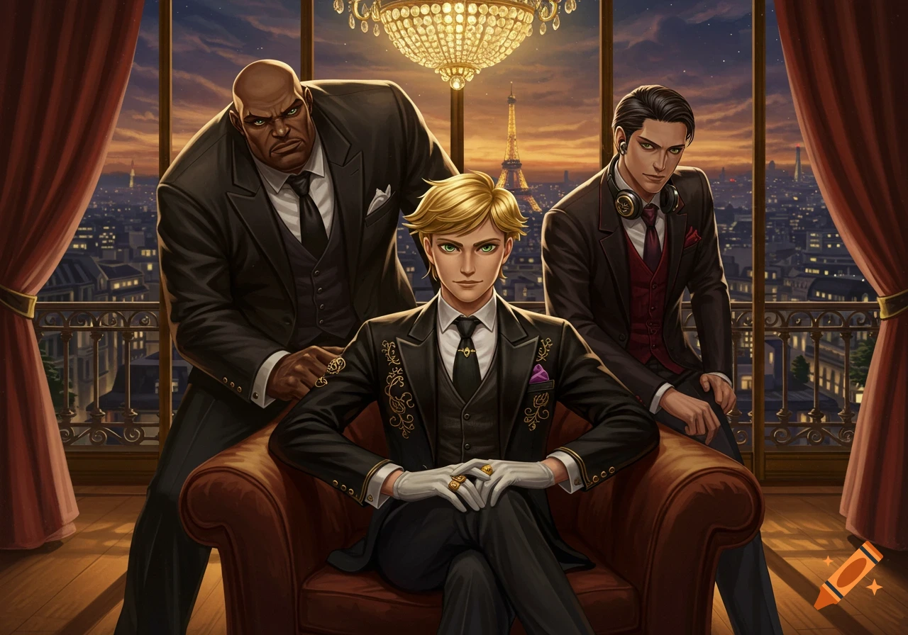 Anime illustration of three men in suits in a Parisian penthouse, one seated in a leather armchair with two standing behind him, overlooking the Eiffel Tower.