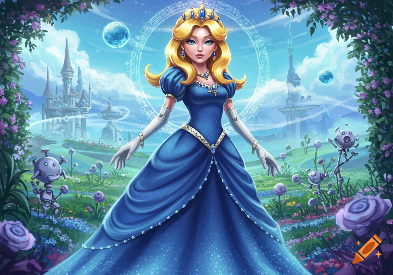 Stylized princess in a blue gown and crown stands in a vibrant field with small robots, a futuristic castle, and celestial bodies.
