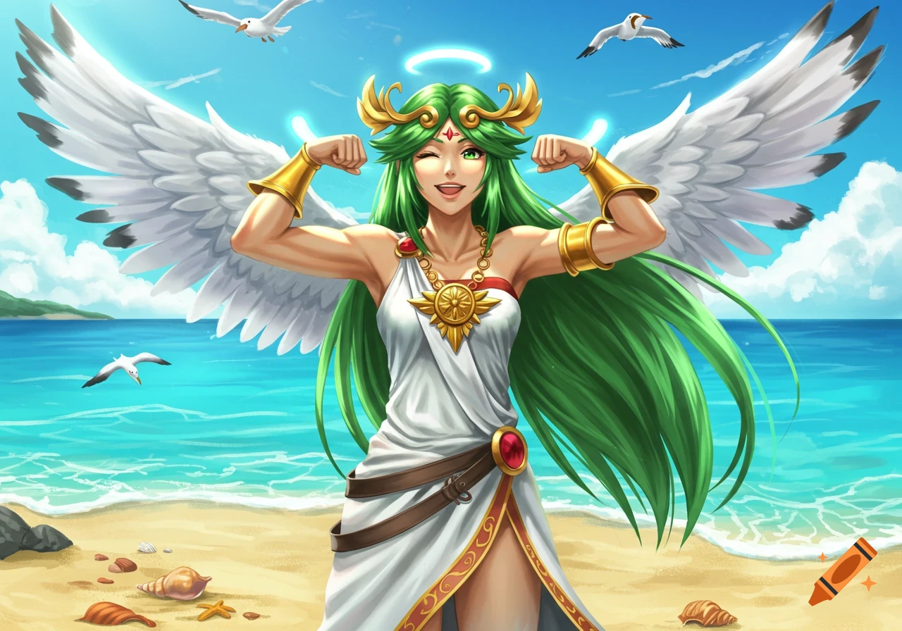 Palutena, an anime-style goddess with green hair, white wings, and a halo, winks while flexing her biceps on a sunny beach.