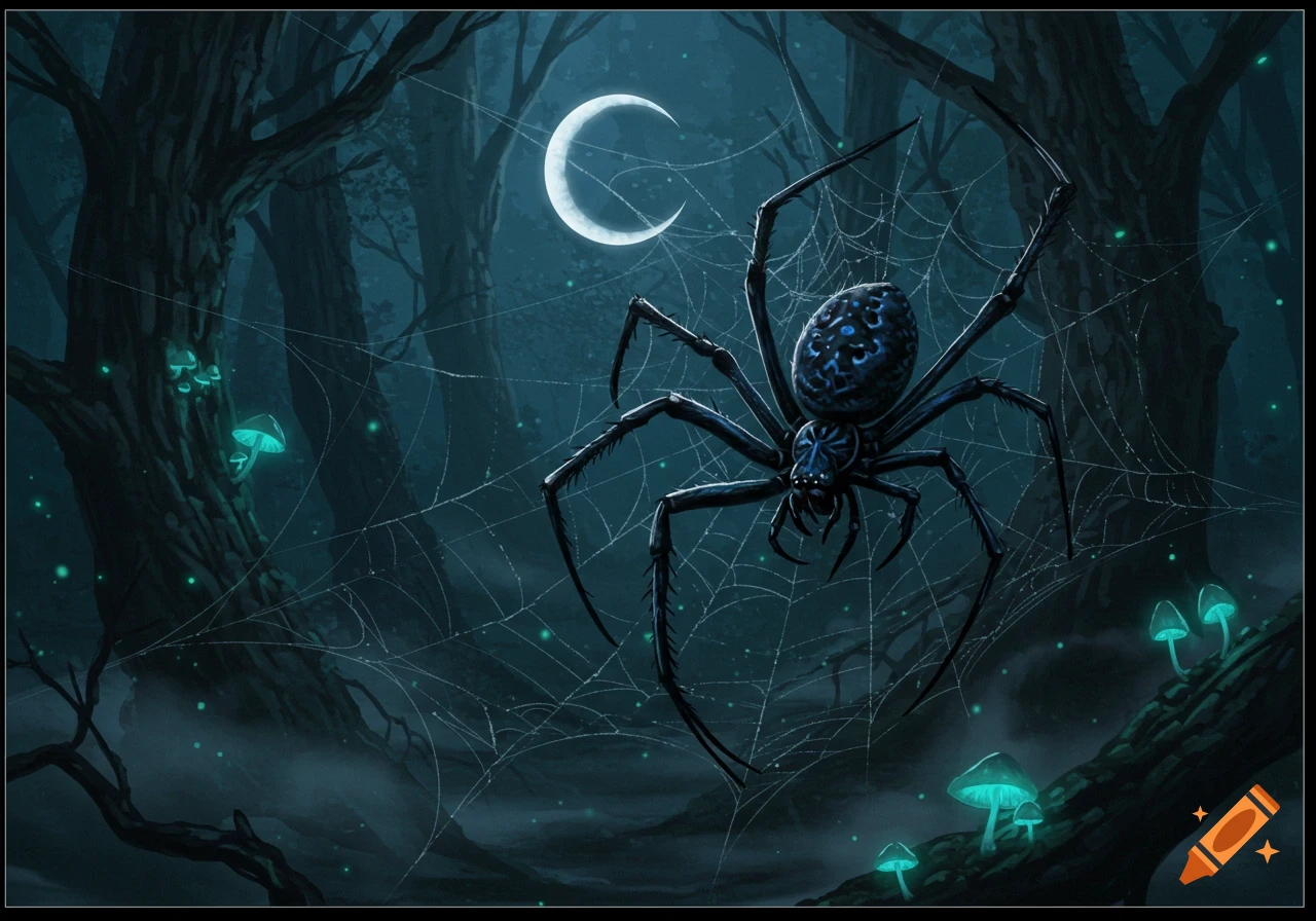 A large black spider hangs in its web in a dark fantasy forest with a crescent moon and glowing blue mushrooms.
