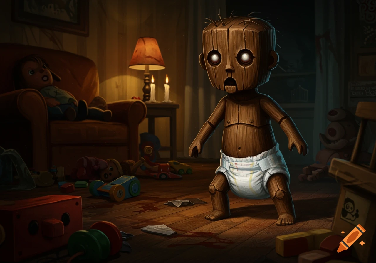 A creepy wooden doll in a white diaper stands in a dark, messy room with blood splatters on the floor and toys scattered around. A lamp and candles illuminate the background.