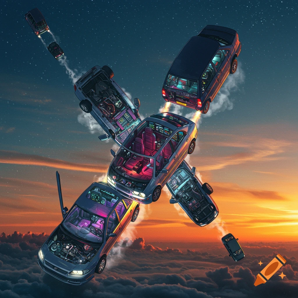 Stylized illustration of several cars flying through a sunset and starry sky, with their interiors and engines visible.