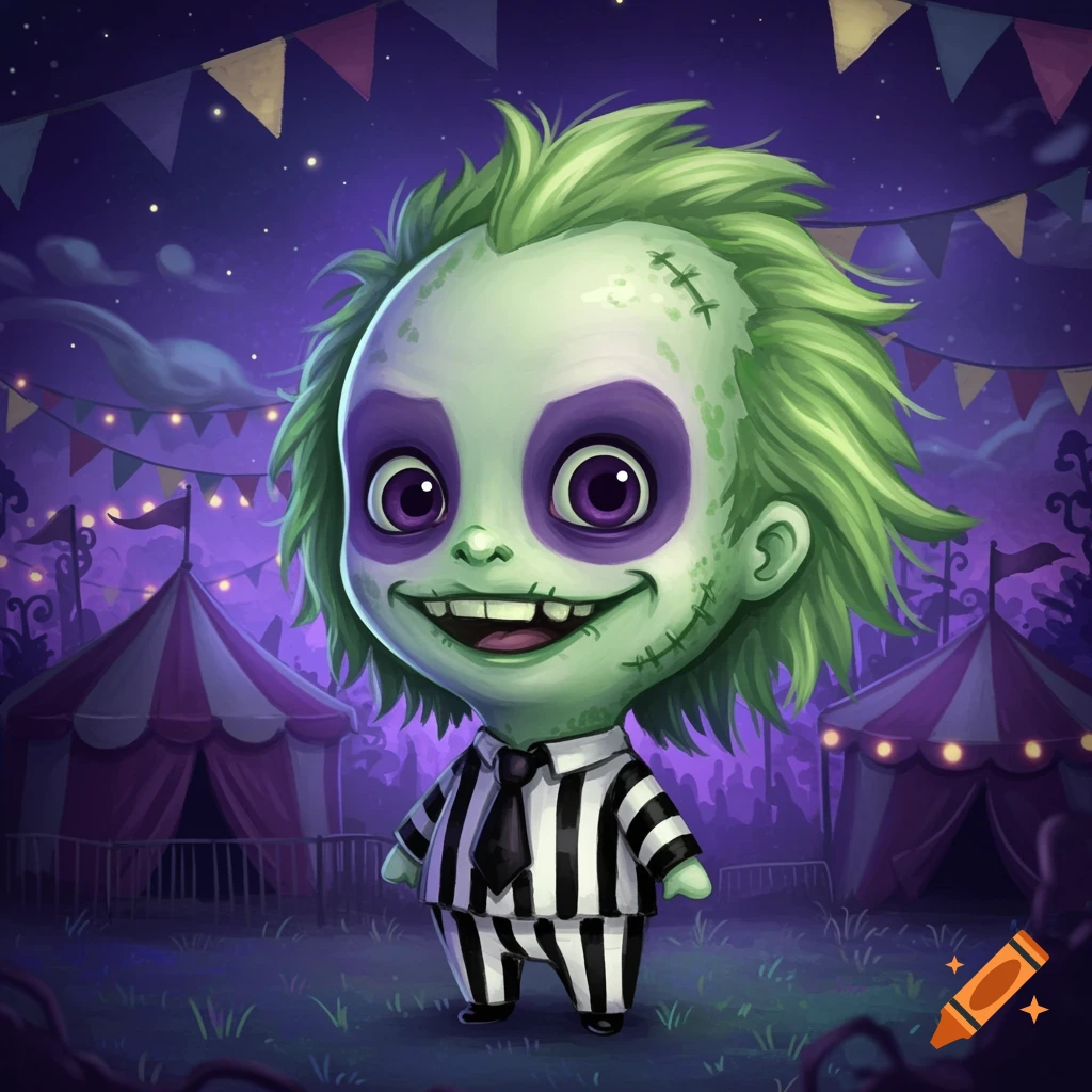 Chibi-style cartoon of a young Beetlejuice character with green hair and striped suit, smiling at a night carnival.