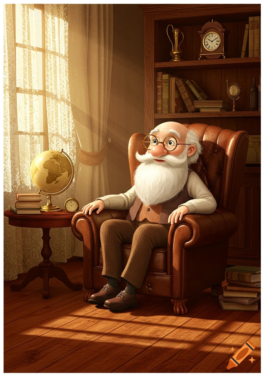 Cartoon of a wise old man with a white beard and glasses in a leather armchair in a sunlit study with books and a globe.