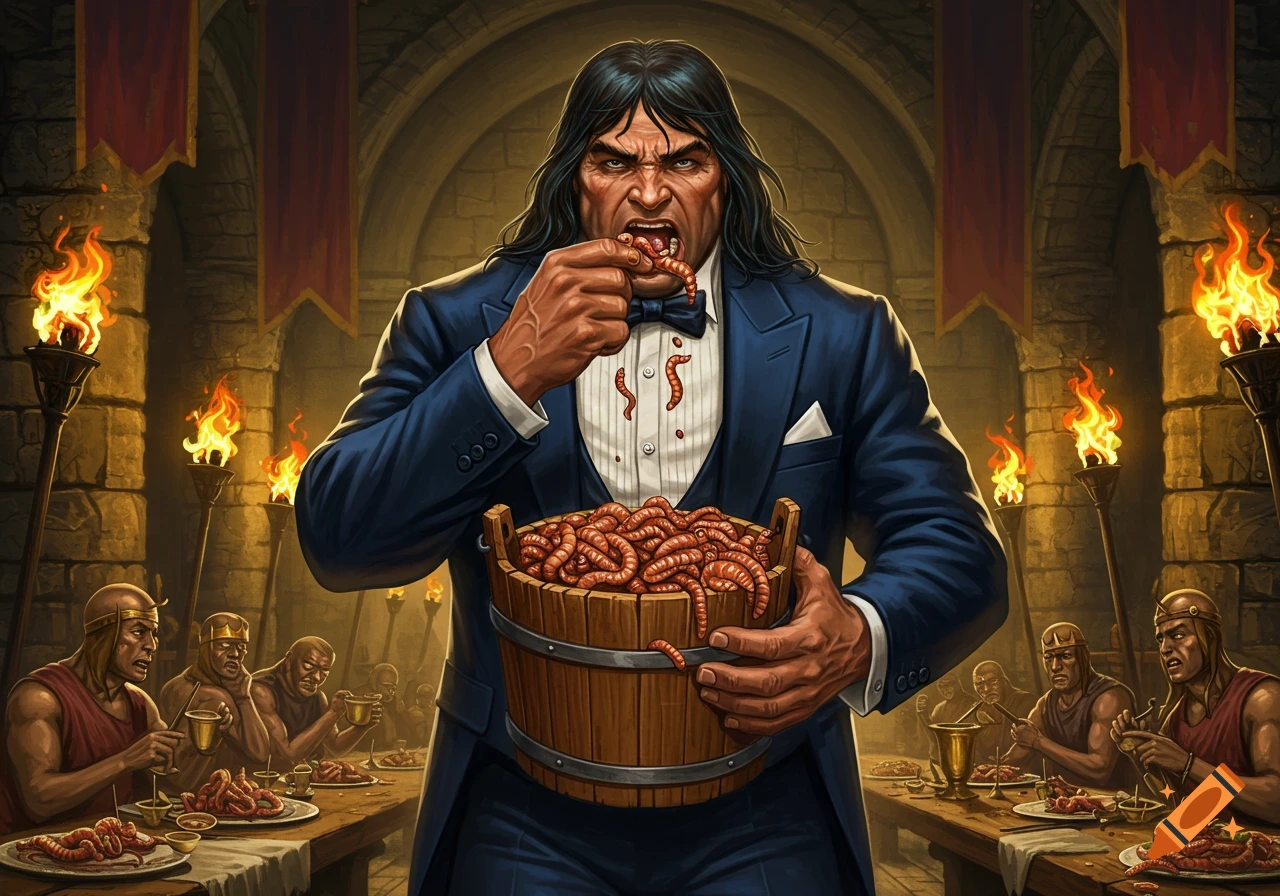 A muscular man with long dark hair, resembling Conan the Barbarian, in a navy blue tuxedo, eats worms from a wooden bucket in a torch-lit stone hall while other figures feast in the background.