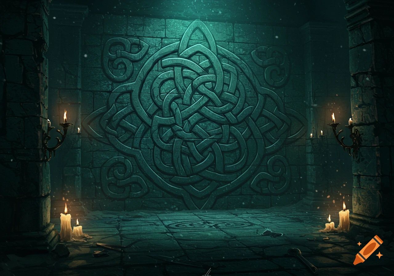 A dark, atmospheric chamber with a large, intricate Celtic knotwork carved into the stone wall, illuminated by candles.