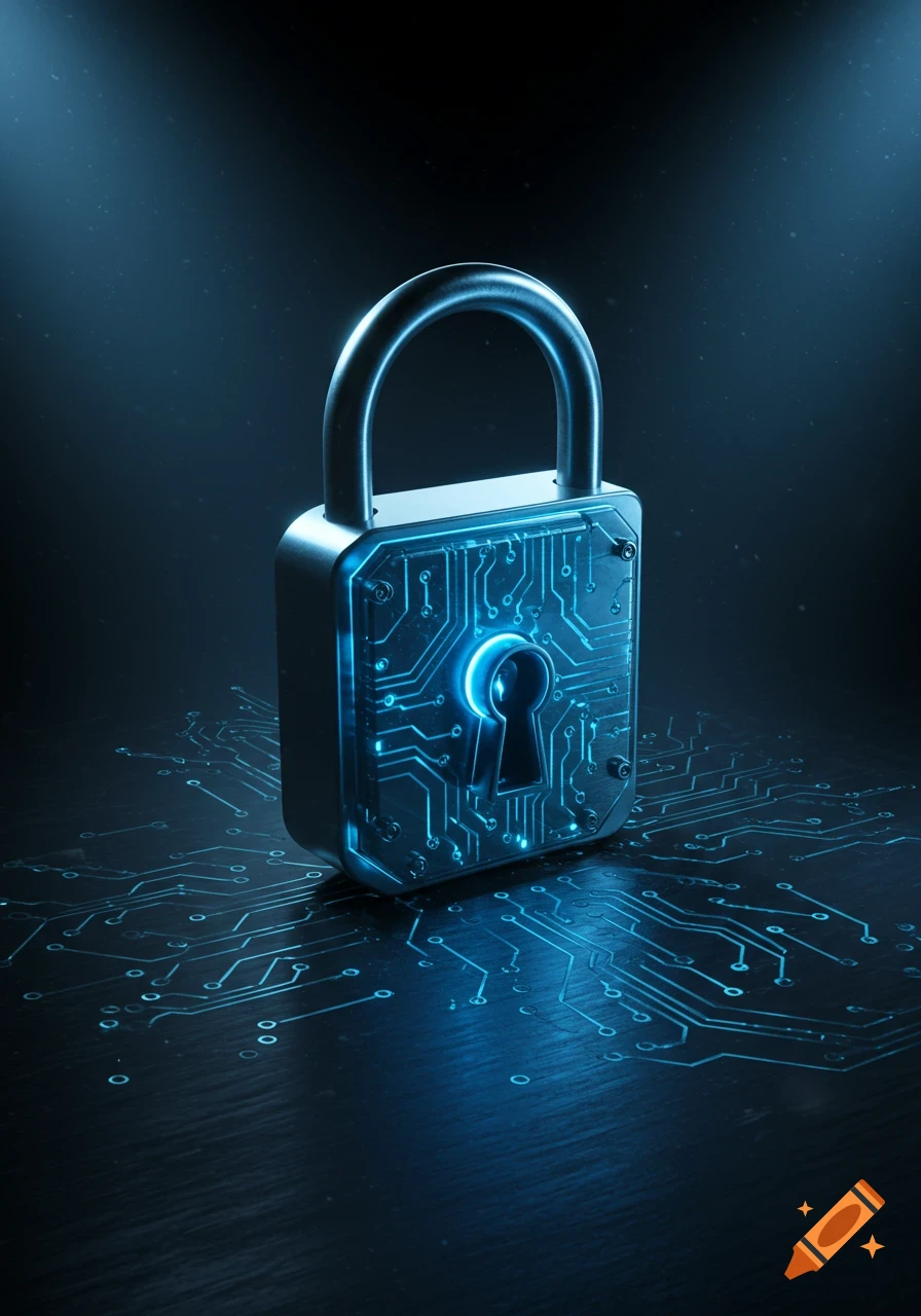 A sleek, metallic padlock with glowing blue circuit patterns, symbolizing digital security, on a dark, high-tech background.