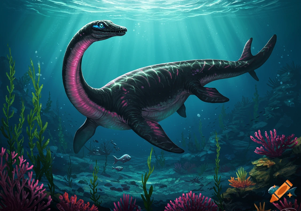 An illustration of a plesiosaurus with black iridescent skin, pink and green highlights, and bright blue eyes, swimming in a vibrant underwater coral reef.