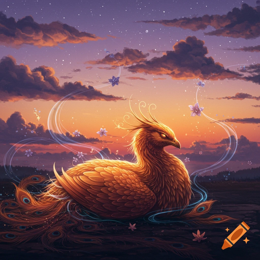 A majestic golden phoenix with glowing eyes rests on the ground under a vibrant twilight sky, with stars and wisps of light, surreal art.
