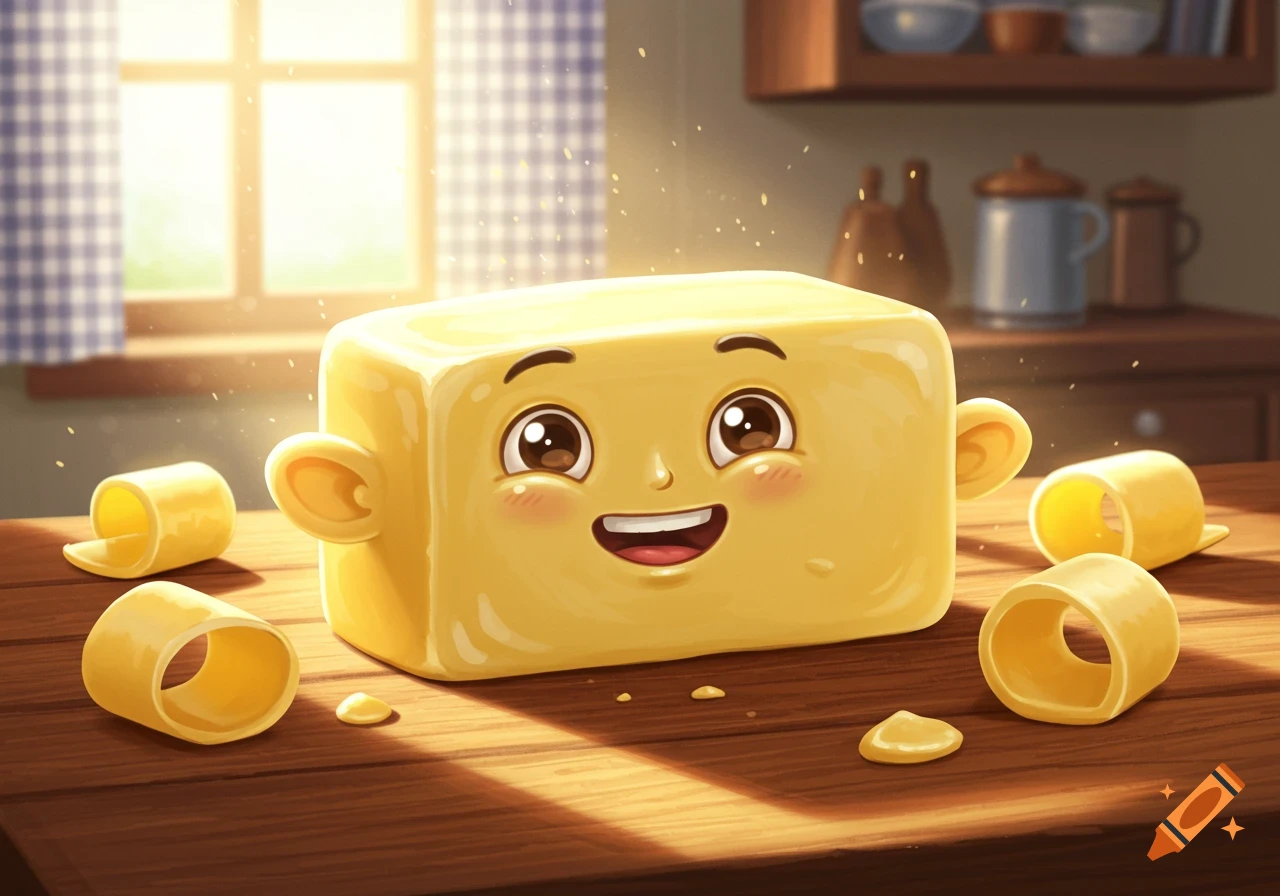 A smiling, anthropomorphic block of butter with ears and a happy face sits on a wooden table, surrounded by butter curls in a sunny kitchen.