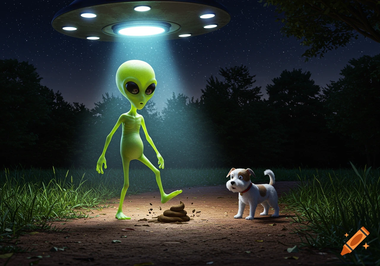 A cartoon alien steps in dog poop under a UFO's beam as a dog watches in a night forest.