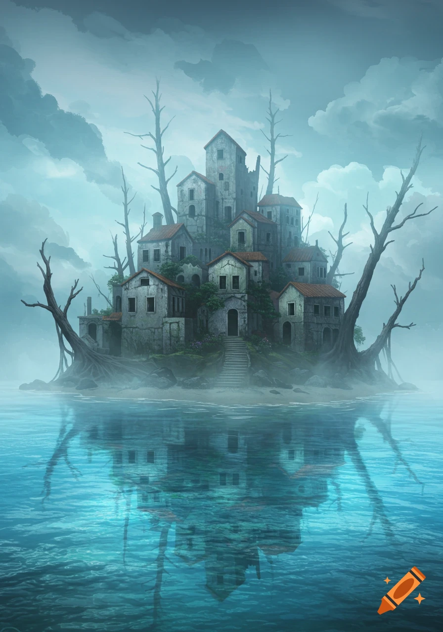 A mysterious ghost village of crumbling stone buildings and dead trees on a misty island surrounded by dark water, digital painting.