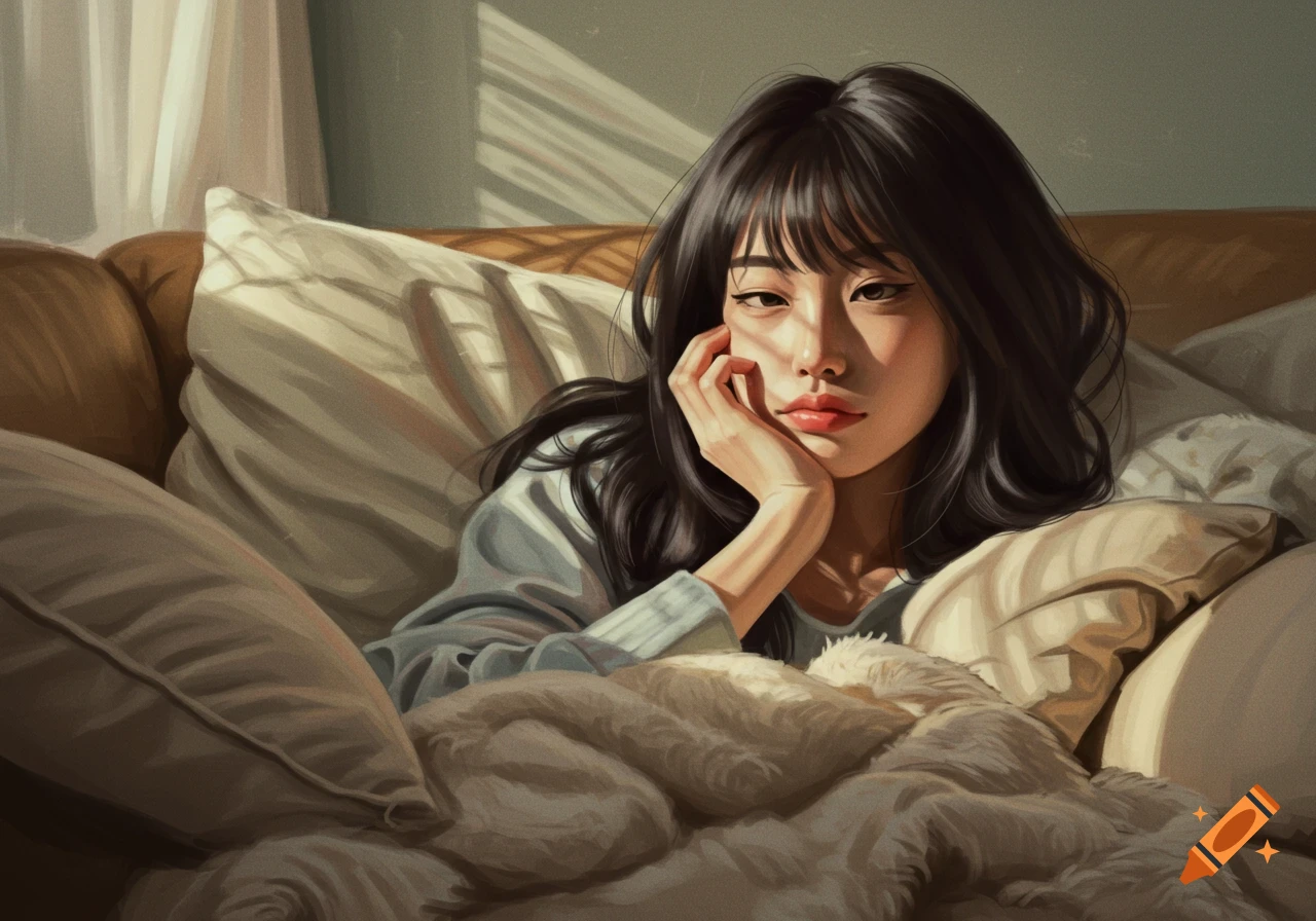 Digital art portrait of an Asian girl with dark hair, looking tired and bored, resting her head on her hand on a couch bathed in sunlight.
