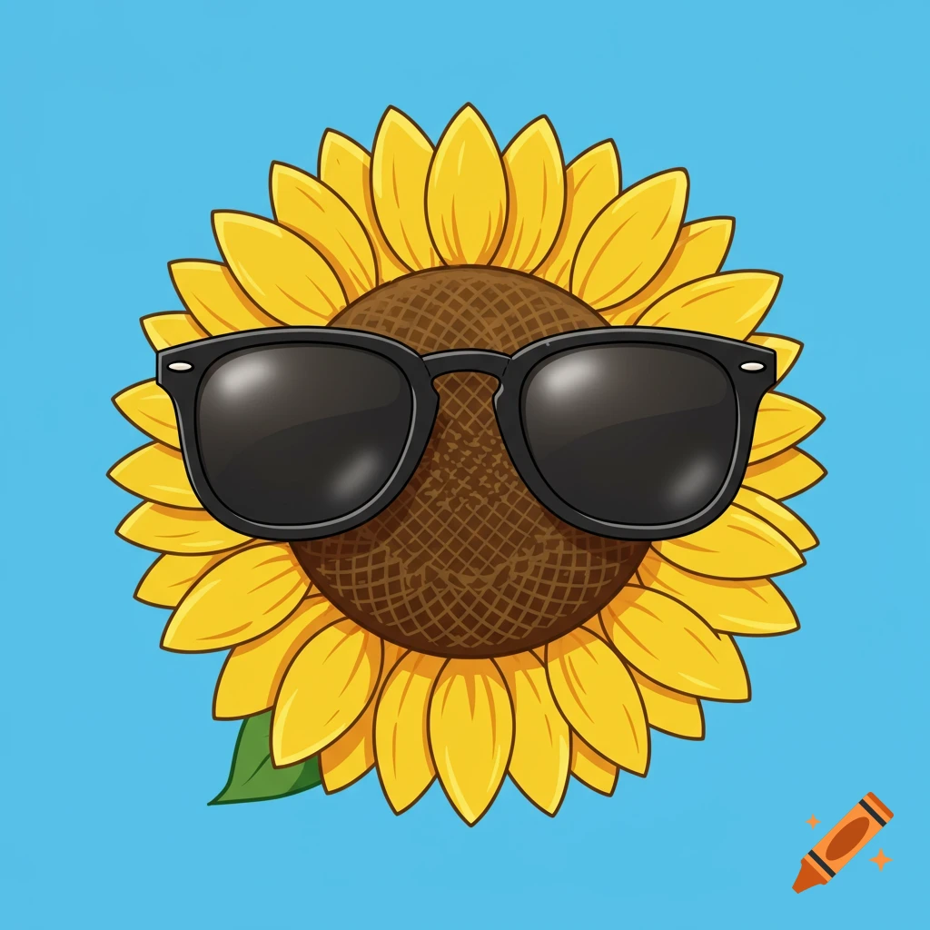 A cartoon sunflower wearing black sunglasses against a solid light blue background.