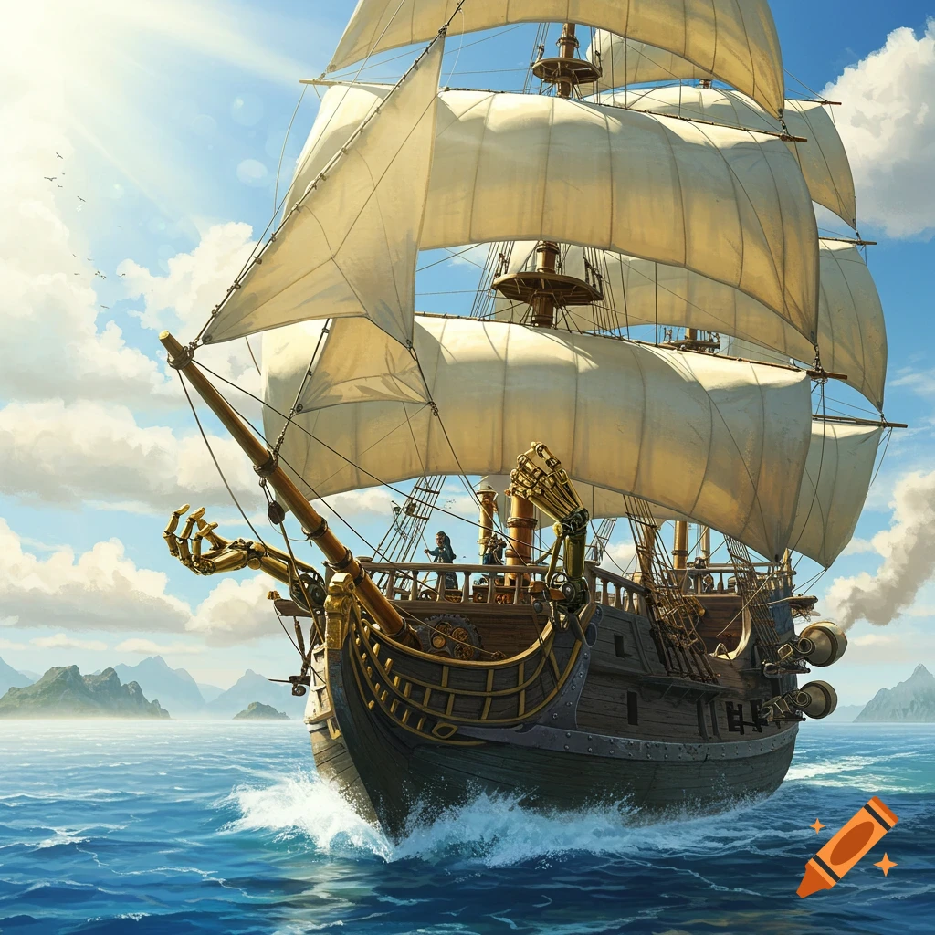 A fantastical steampunk pirate ship with mechanical hands on its bow sails on blue water under a bright sky with clouds and distant mountains.