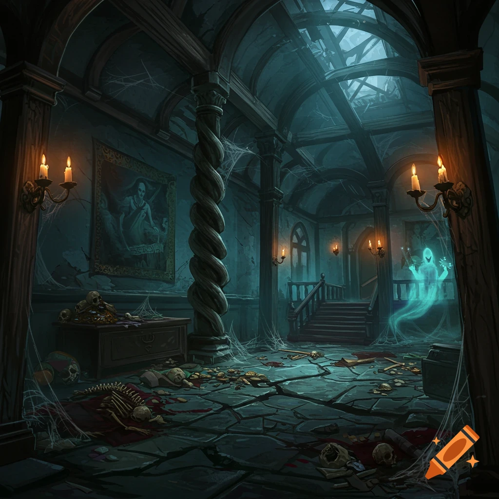 Dark digital art of a ruined gothic house interior with skeletons, blood, cobwebs, a ghost, and burning candles.