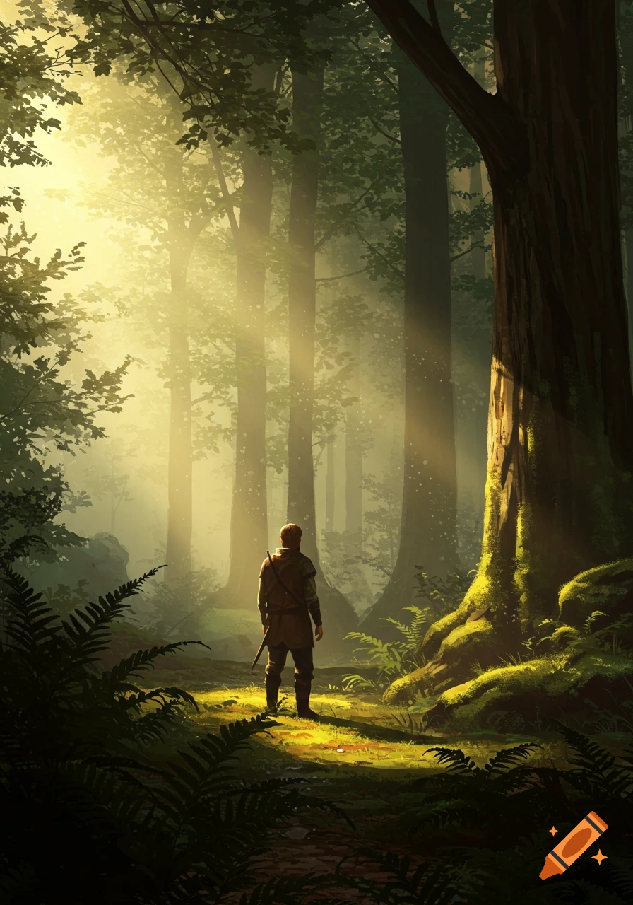 A lone figure stands with a sword in a misty, sun-drenched forest path, digital art.
