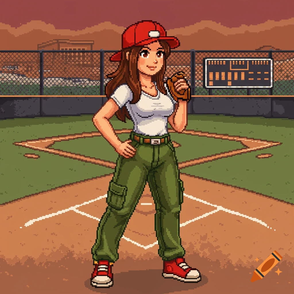 A pixel art female character with brown hair, a red baseball hat, white t-shirt, and green cargo pants, holding a baseball glove on a baseball field.