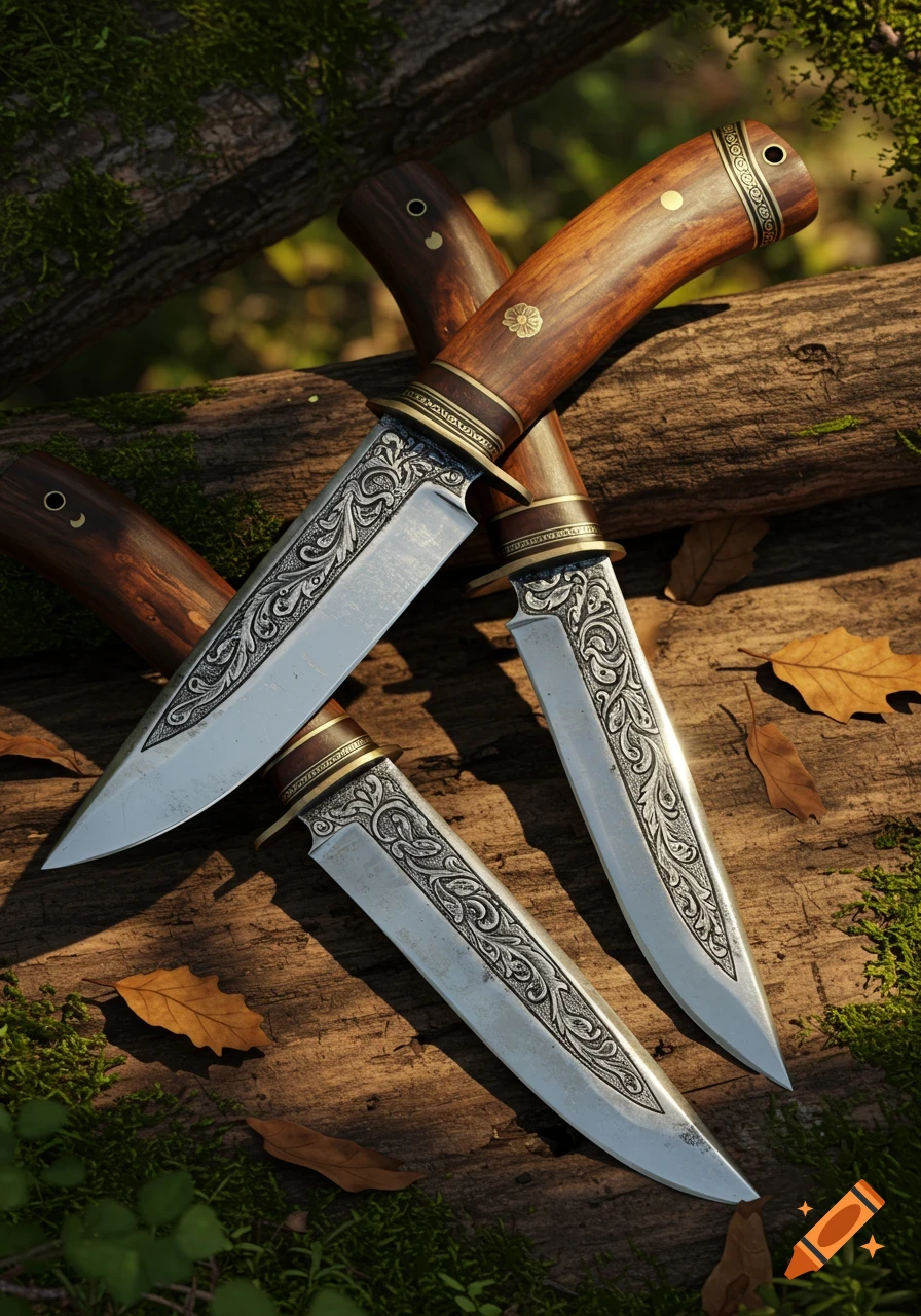 Three detailed hunting knives with ornate blades and wooden handles lying on a mossy log with fallen leaves.