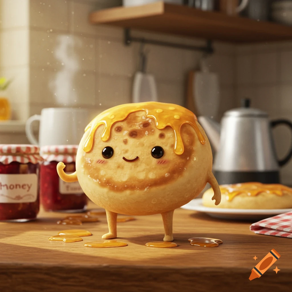 A cute, anthropomorphic crumpet character with honey on its head stands on a wooden kitchen counter.