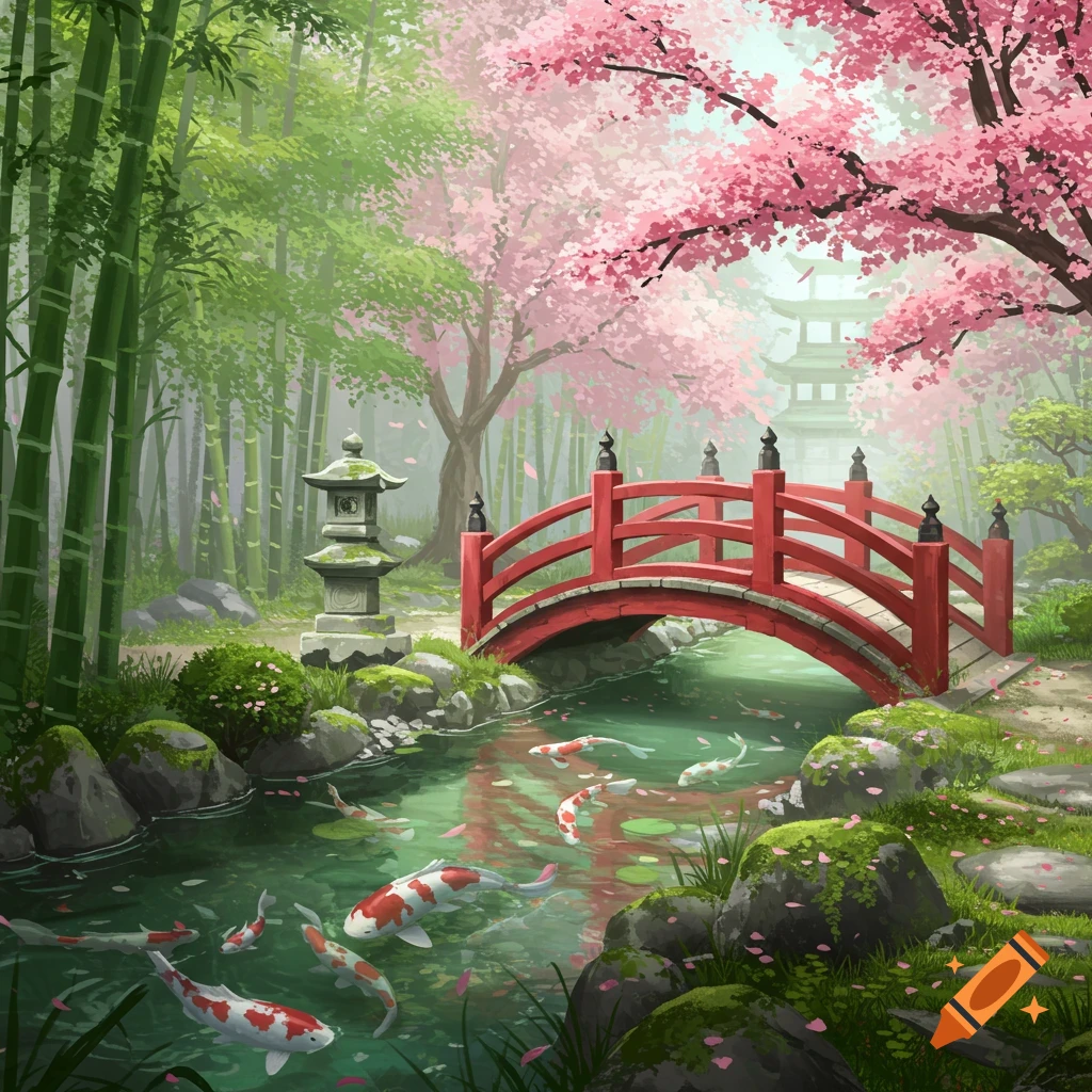 Vibrant illustration of a Japanese garden with a red arched bridge over a stream with koi fish, surrounded by pink cherry blossoms and green bamboo.